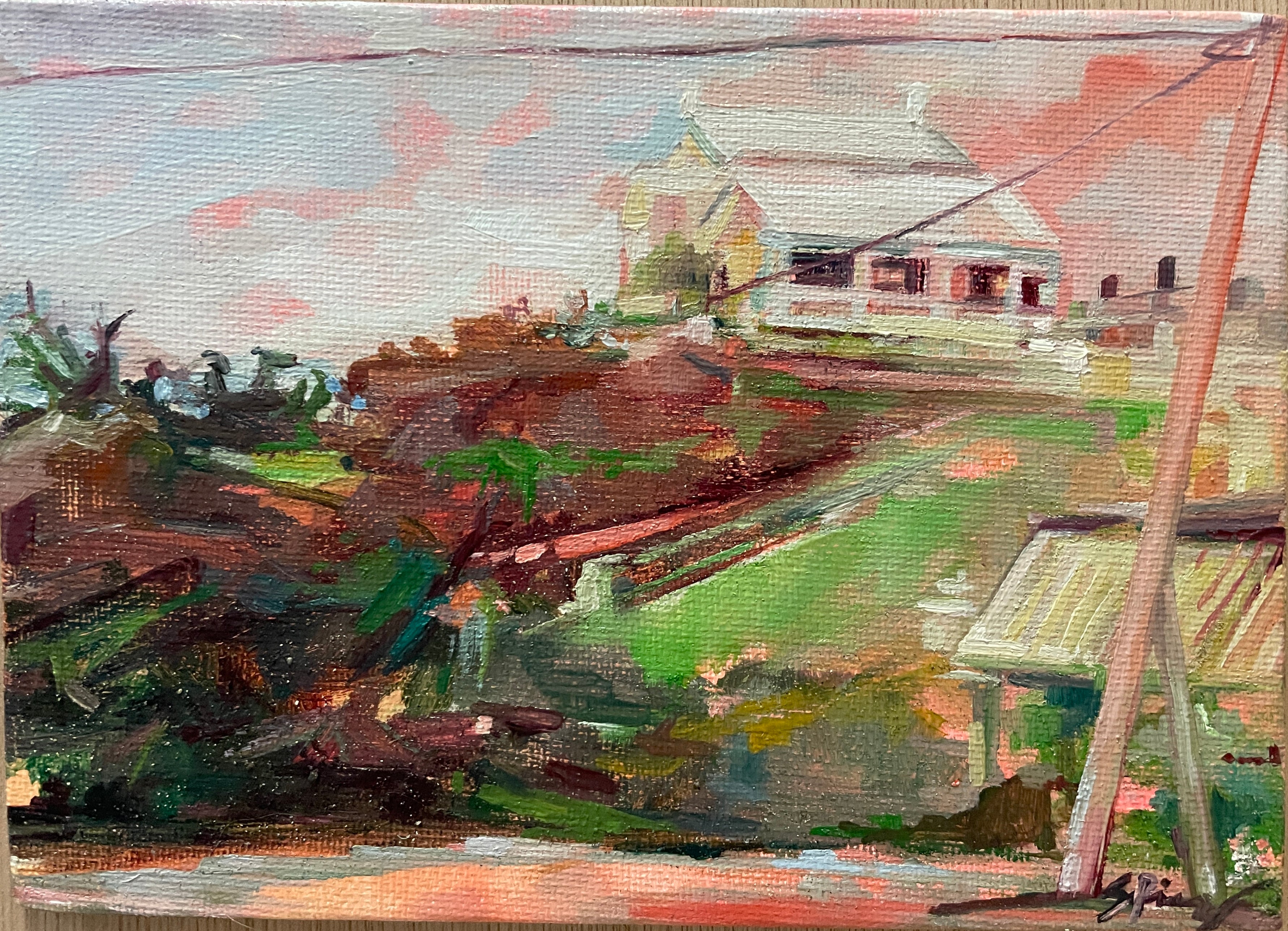 Painting of an urban  landscape with houses and a power line