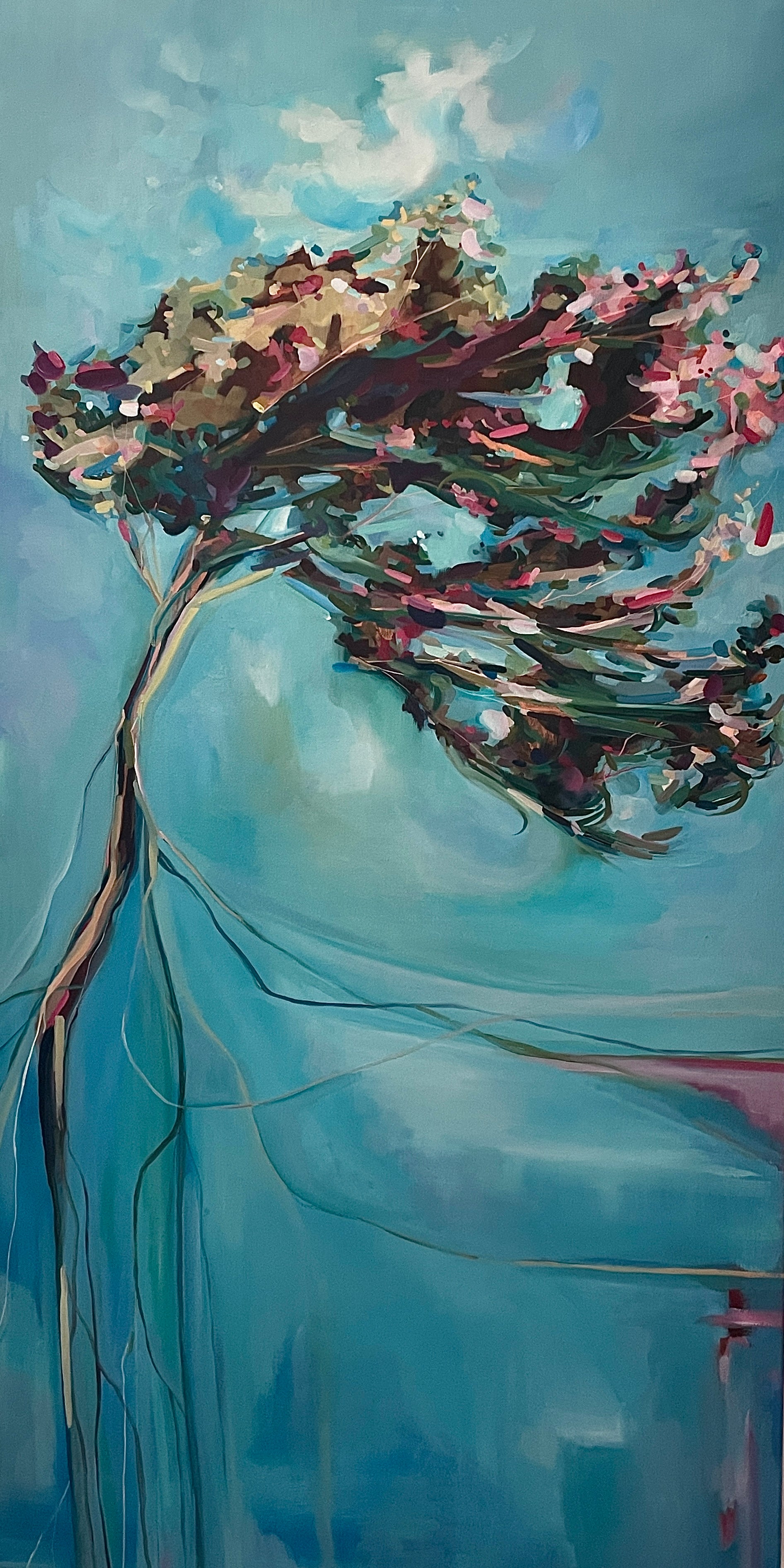 A painting of a cedar growing tall despite the winds